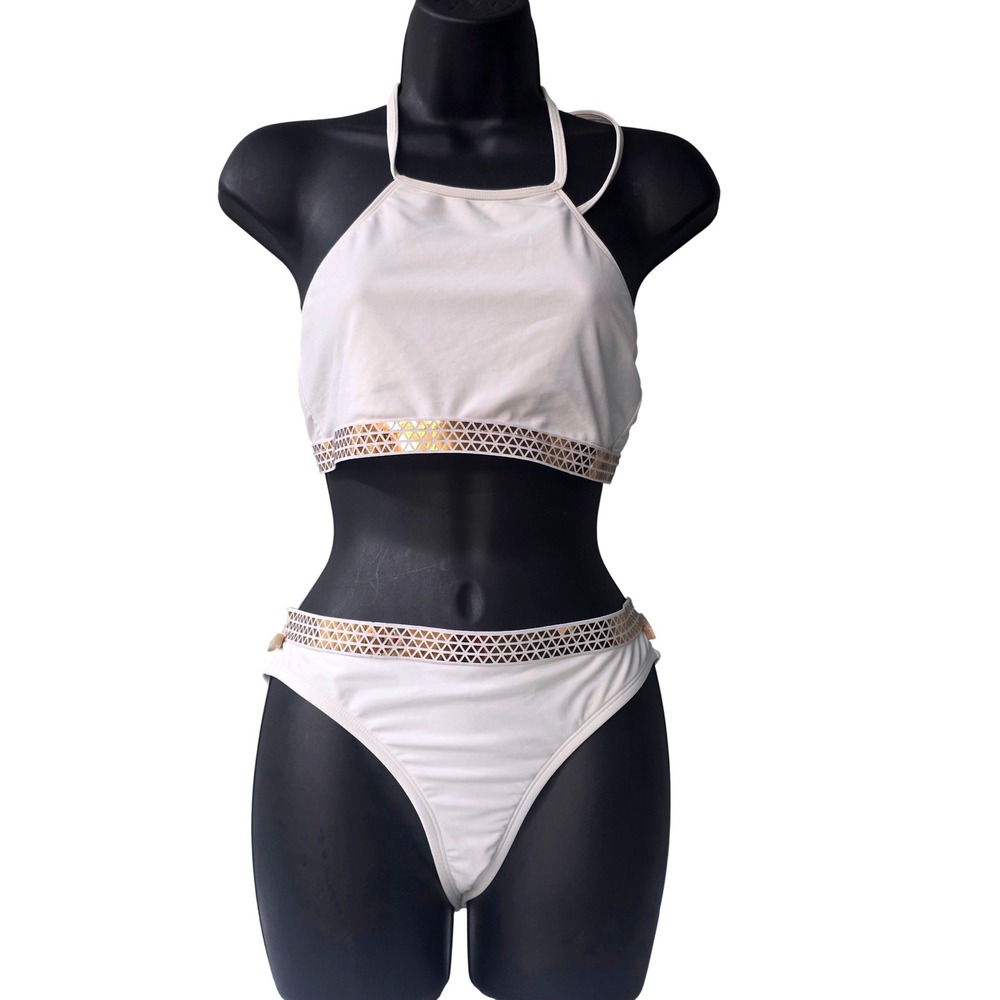 Heart and Harmony Girls White Gold Metallic‎ Trim High Neck Bikini Set Size 16